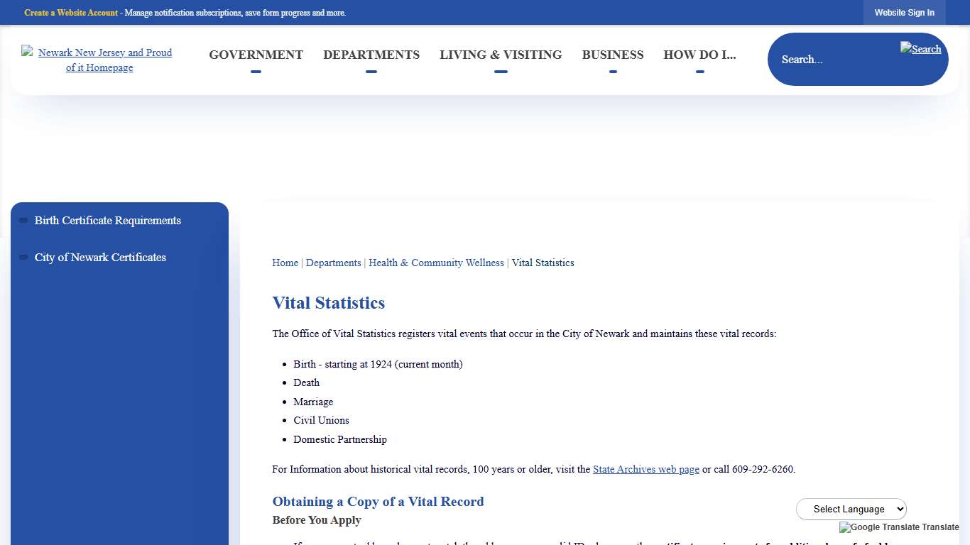 Vital Statistics | Newark, NJ